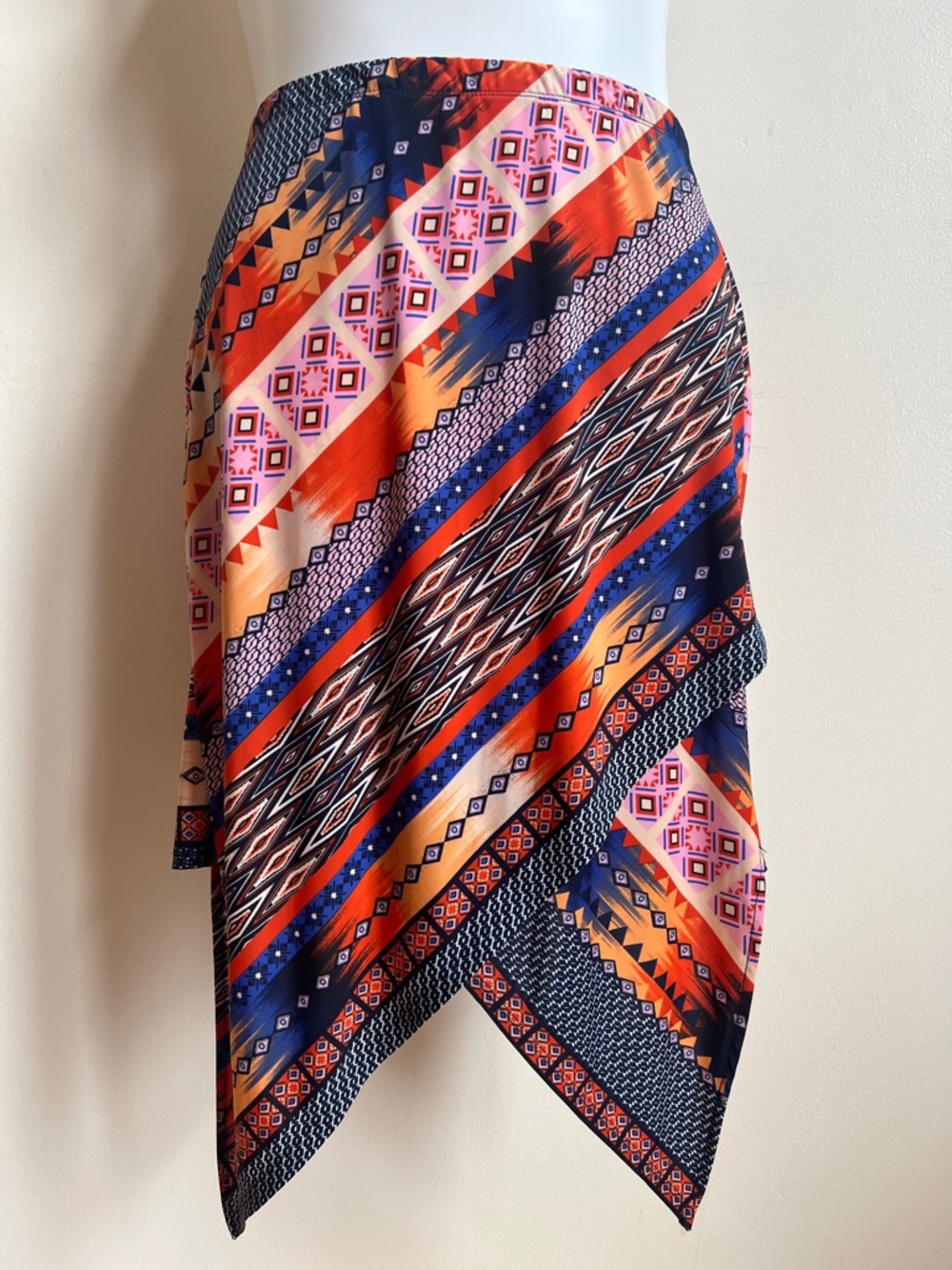 VENUS Asymmetrical Handkerchief Skirt in Navy, Orange & Pink Geo-Stripe